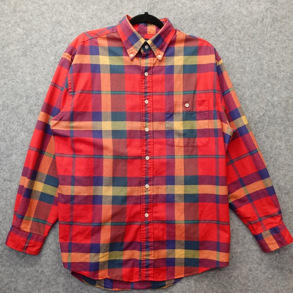 Vintage Madras Plaid Button Down Shirt Men M 15.5 Red Classic USA Made LANDS END